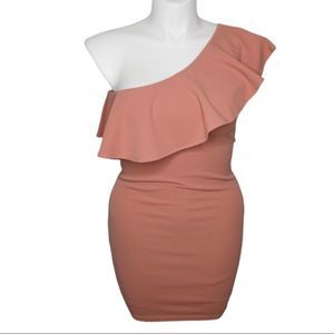 Guess Ruffle One Shoulder Mini Dress Dusty Rose Pink Large